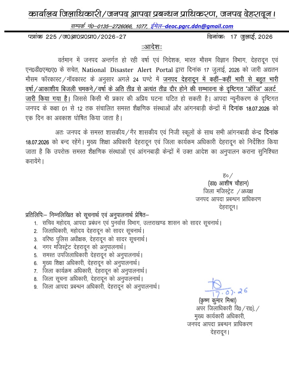 भारी बारिश के ऑरेंज अलर्ट के चलते शनिवार को स्कूलों में 1 दिवसीय अवकाश